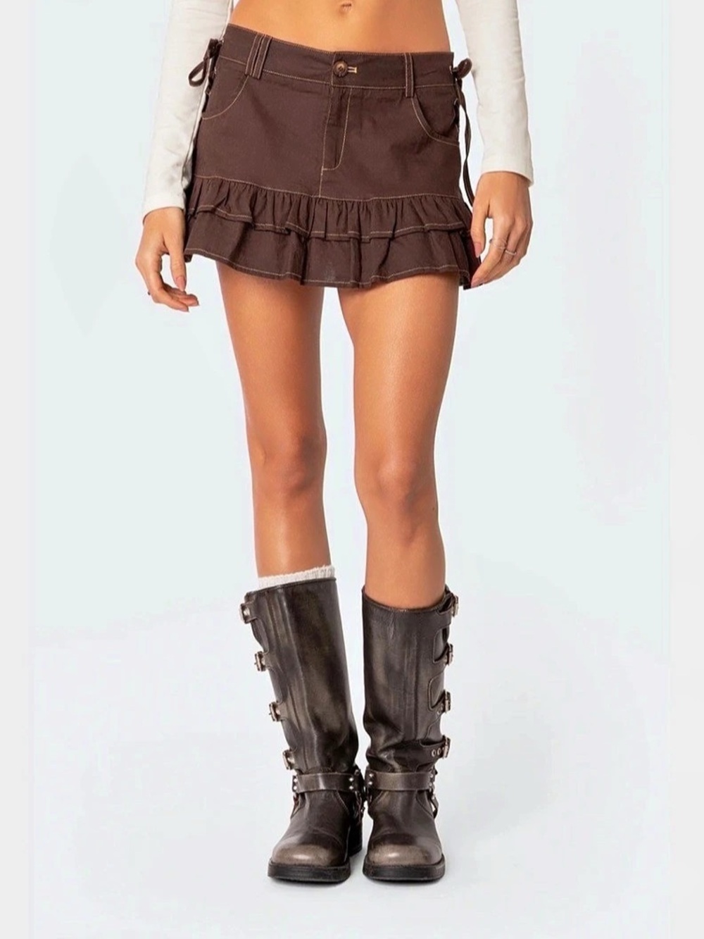 edikted Dev Ruffle Linen Look Mini Skirt Brown